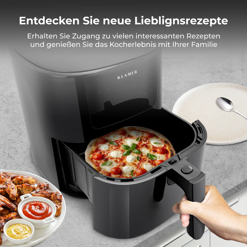 Heißluftfritteuse XL 5L mit Sichtfenster, ideal für leckere und gesunde Familienrezepte.