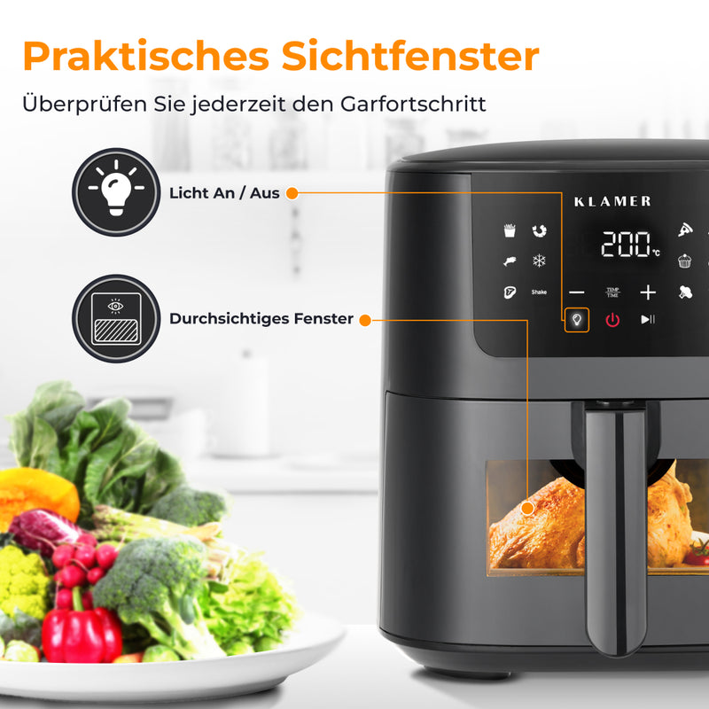 Heißluftfritteuse XL 5L mit Sichtfenster, ideales Küchengerät mit LED-Anzeige und Sichtfenster zur einfachen Garüberprüfung.