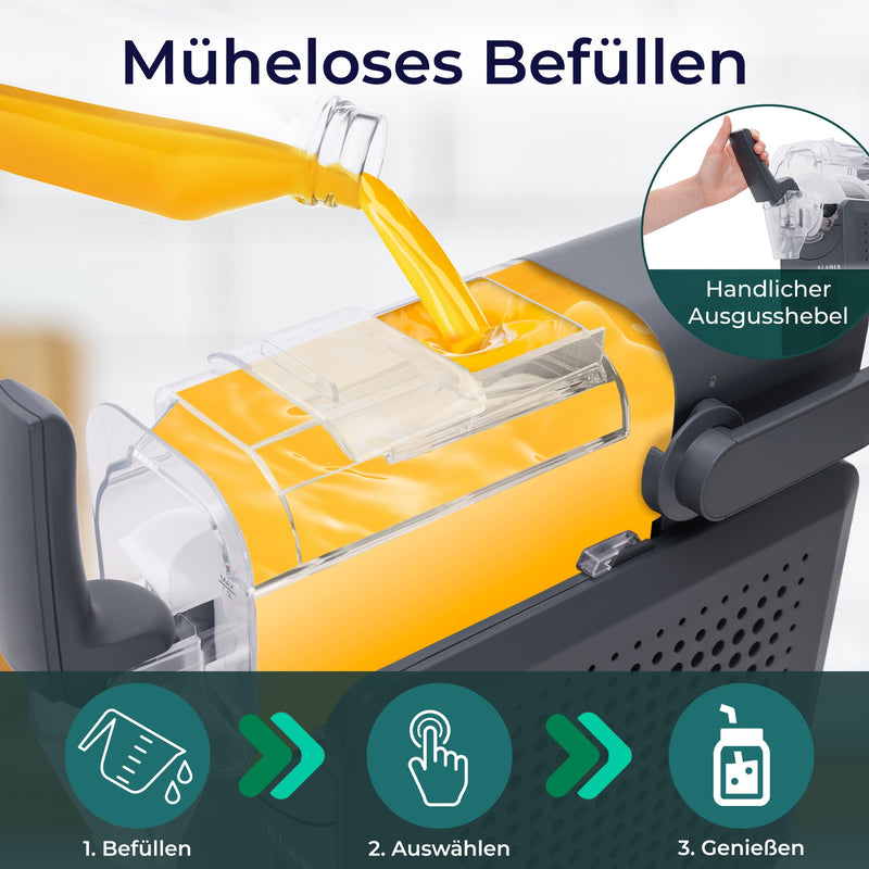 Slush Maschine mit einfachem Befüllmechanismus und Auswahlknopf für köstliche Slush-Getränke.