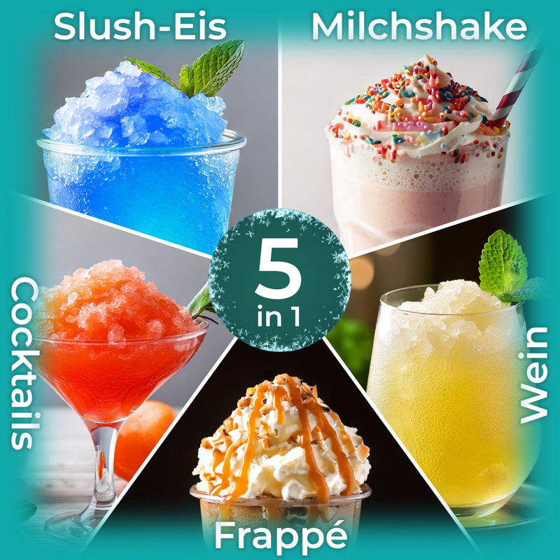 Vielfalt der Getränke mit Slush Maschine: Slush-Eis, Milchshake, Cocktails, Frappé und Wein in einem Bild.