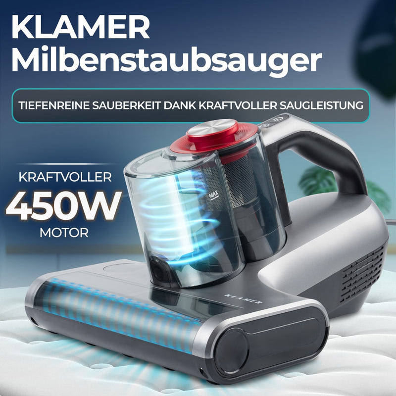 KLAMER Milbenstaubsauger mit 450W Motor für effektive Textilreinigung und allergenfreie Oberflächen.