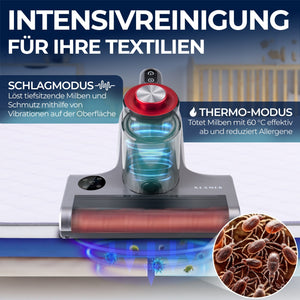 Milbenstaubsauger für intensive Reinigung von Textilien mit Thermo-Modus zur effektiven Beseitigung von Milben und Allergenen.