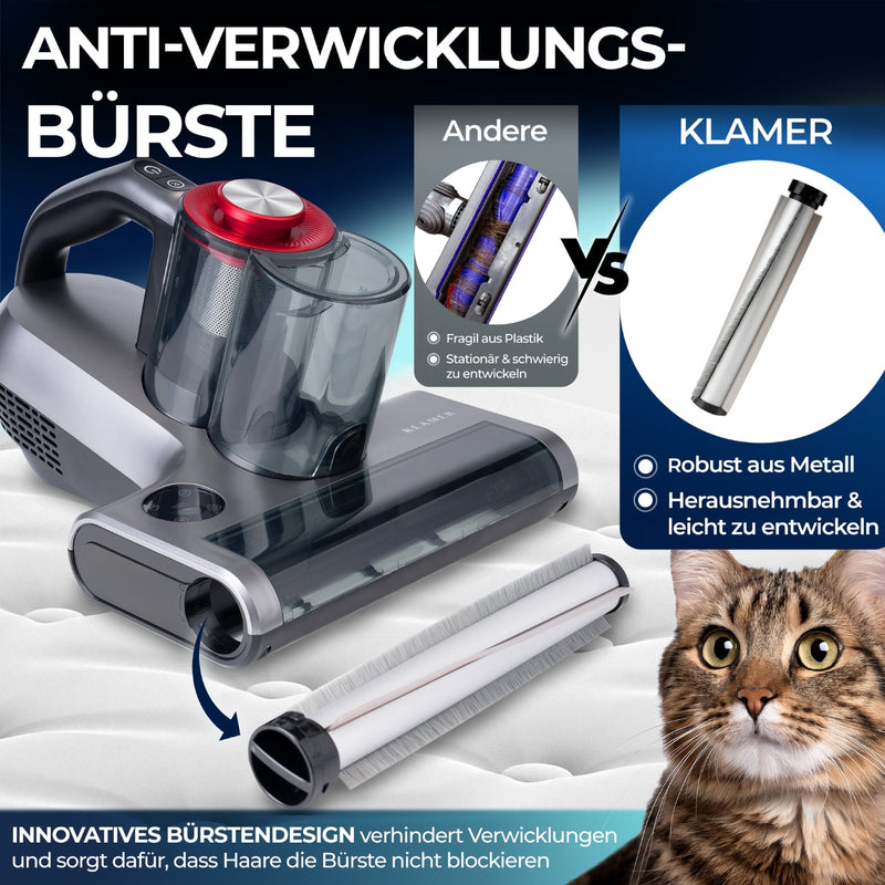 Milbenstaubsauger mit innovativer Anti-Verwicklungsbürste zum Entfernen von Haaren und Staub.