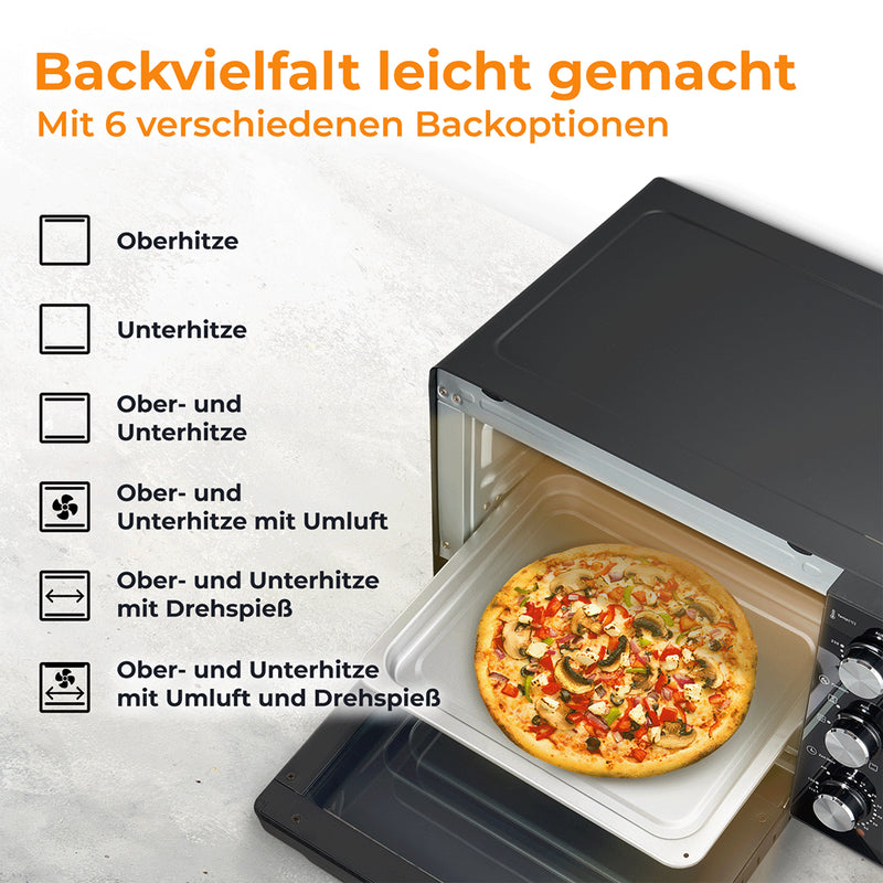 Mini-Backofen mit 6 Backoptionen für vielseitiges Kochen und Backen.