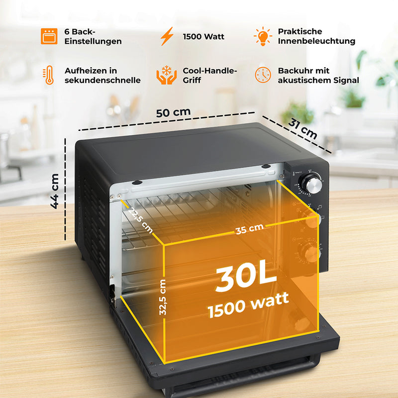 Mini-Backofen mit 30 Litern, 1500 Watt, 6 Back-Einstellungen und praktische Innenbeleuchtung.