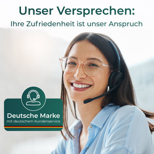 Kundendienstmitarbeiterin lächelt, bereit für Anfragen, Deutsche Marke mit deutschem Kundenservice.