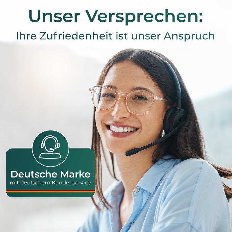 Kundendienstmitarbeiterin lächelt, bereit für Anfragen, Deutsche Marke mit deutschem Kundenservice.