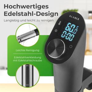 Sous Vide Stick mit hochwertigem Edelstahl-Design, digitaler Anzeige und leicht zu reinigendem Körper.