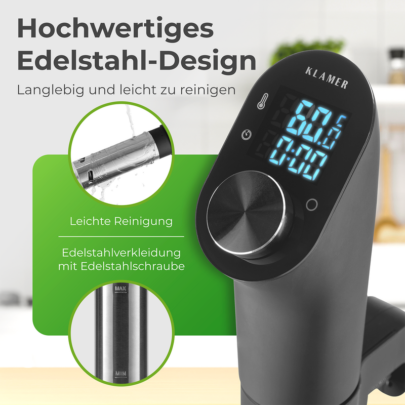 Sous Vide Stick mit hochwertigem Edelstahl-Design, digitaler Anzeige und leicht zu reinigendem Körper.