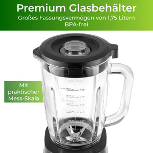 Standmixer 1400 Watt mit Premium Glasbehälter, 1,75 Liter, BPA-frei und praktischer Mess-Skala.
