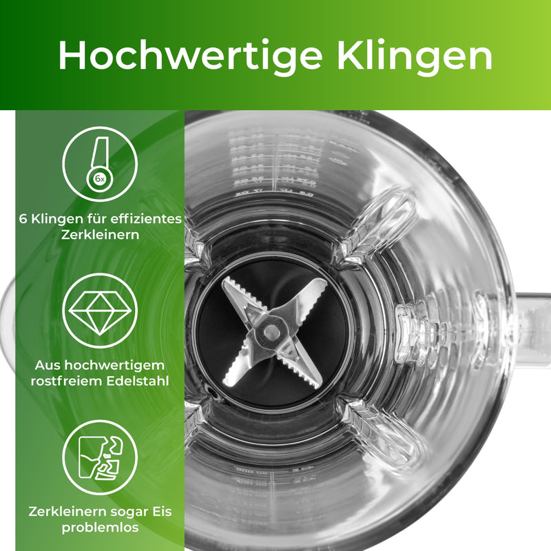Standmixer 1400 Watt mit hochwertigen Klingen für effizientes Zerkleinern und Eisverarbeitung.
