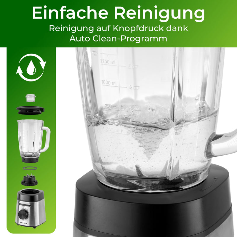 Standmixer 1400 Watt mit einfachem Auto Clean-Programm für mühelose Reinigung und Pflege.