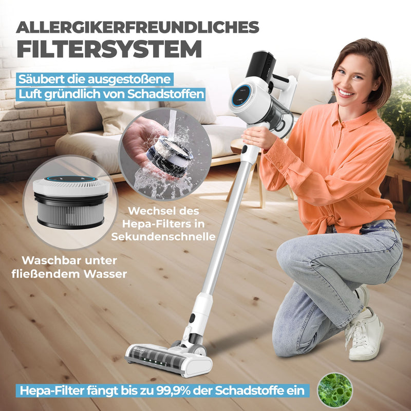 Akkustaubsauger 420 Weiß mit allergikerfreundlichem Filtersystem und HEPA-Filter für saubere Luft.