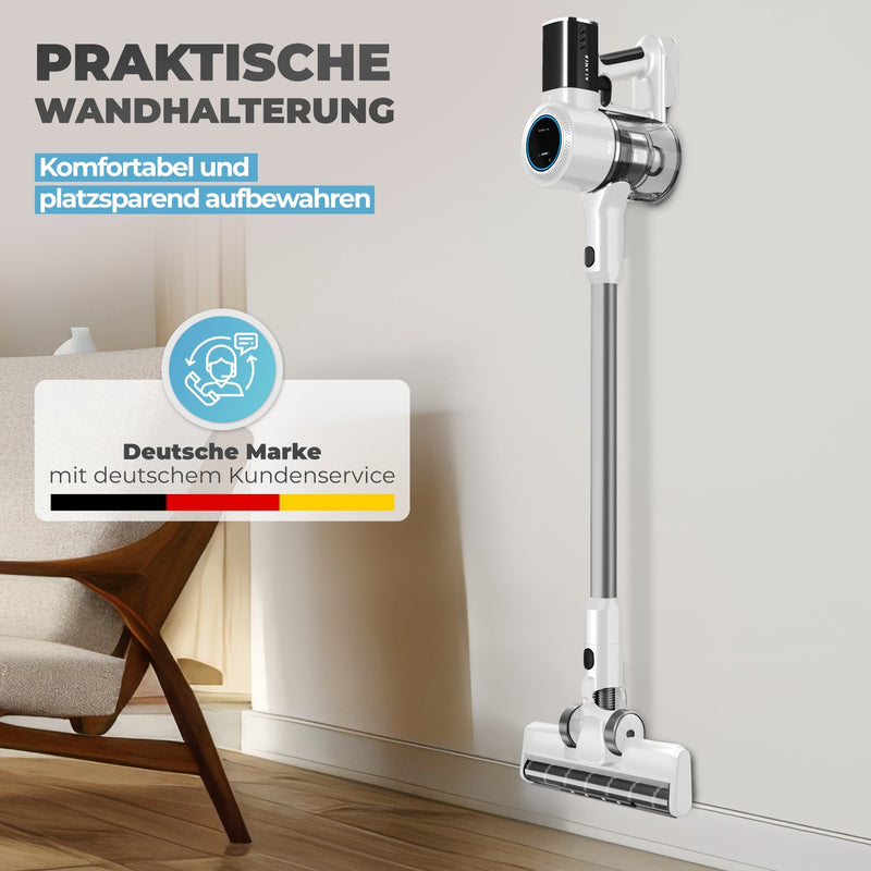 Akkustaubsauger 420 Weiß an der Wandhalterung, komfortabel und platzsparend aufbewahrt.