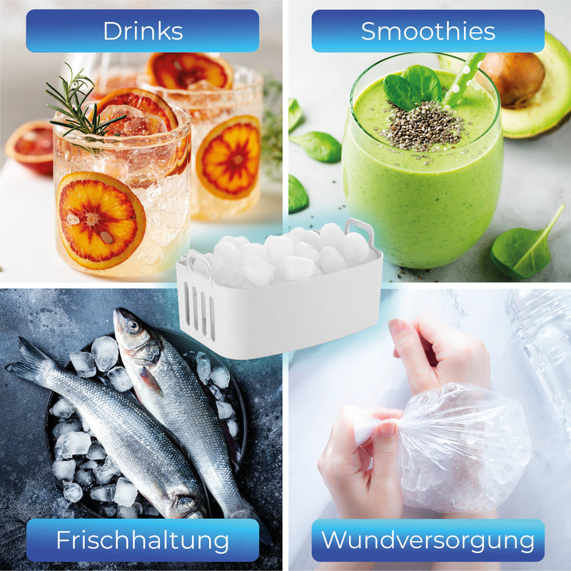 Eiswürfelmaschine 120 Watt zur Herstellung von Eiswürfeln für Drinks, Smoothies, Frischhaltung und Wundversorgung.