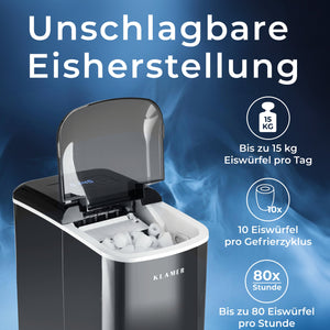 Eiswürfelmaschine 120 Watt mit 15 kg Tagesproduktion und 10 Eiswürfeln pro Zyklus.