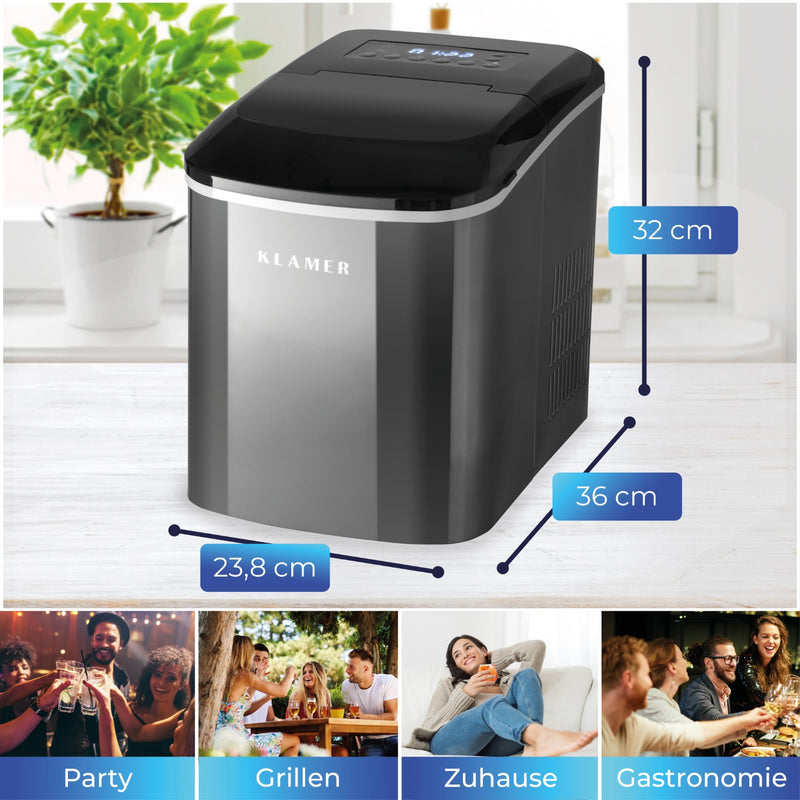 Eiswürfelmaschine 120 Watt mit Abmessungen 36x32x23,8 cm für Partys und Familienfeiern.