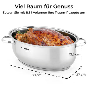 Edelstahl-Bräter mit 8,5 L Volumen, ideal für große kulinarische Erlebnisse, 38x27x12,5 cm.