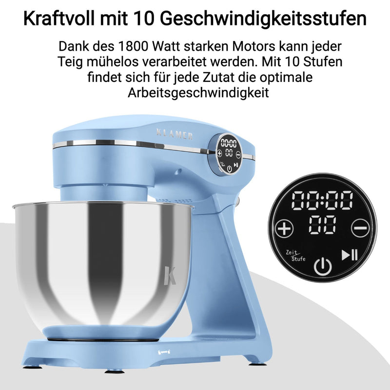 Küchenmaschine in attraktiver blauer Farbe mit 1800 Watt Motor und 10 Geschwindigkeitsstufen für einfache Teigbereitung