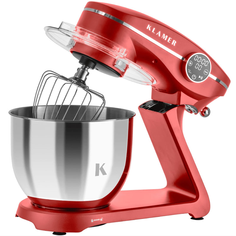Küchenmaschine in rot mit Rührbesen und Edelstahl-Schüssel, ideal für große Portionen und vielseitige Küche.