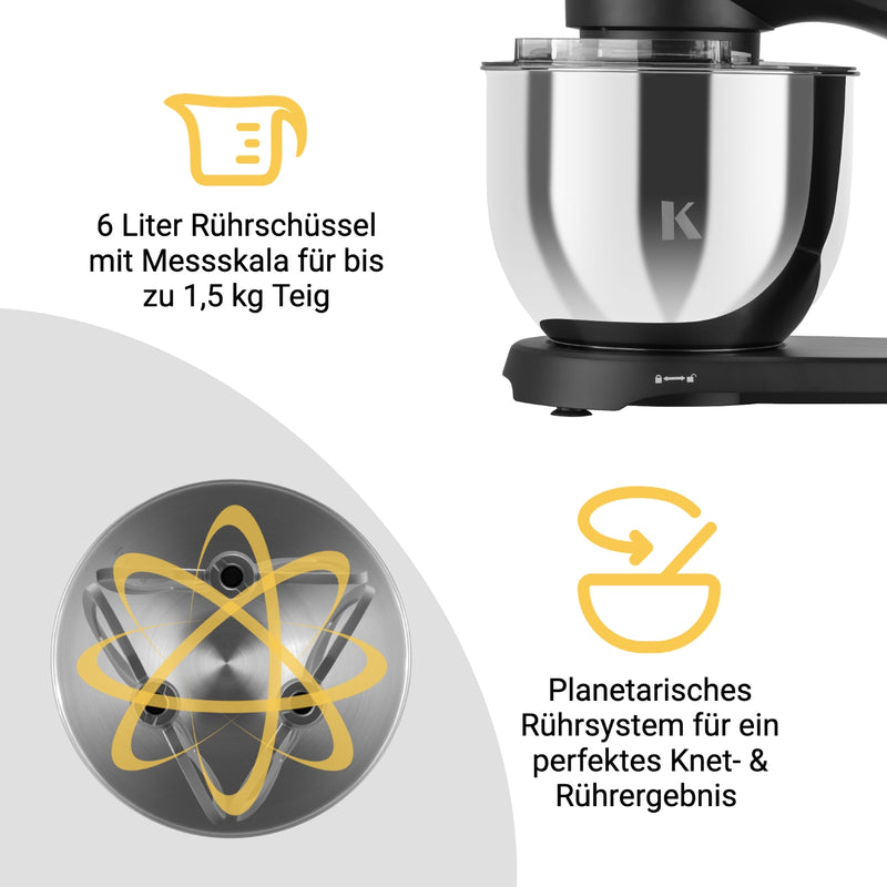 Küchenmaschine mit 6 Liter Rührschüssel und planetarischem Rührsystem für perfektes Knet- & Rührergebnis