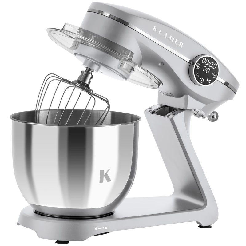 Küchenmaschine in silber mit 1800 Watt Motor und Edelstahl-Rührschüssel, ideal für Großfamilien.