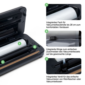 Vakuumierer Vacuum Pro 80 mit integriertem Fach, Klinge und Ventil für effizientes Vakuumieren von Lebensmitteln.