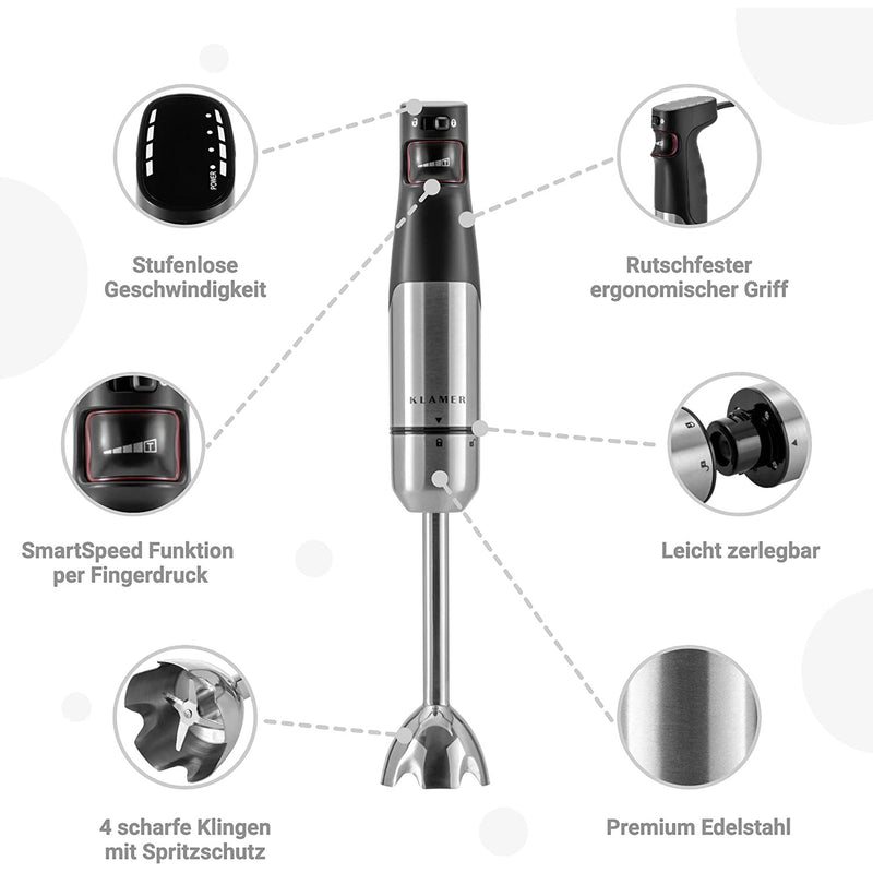 Stabmixerset 4-teilig 1000 Watt mit ergonomischem Griff und SmartSpeed Funktion, 4 scharfen Klingen aus Premium Edelstahl.