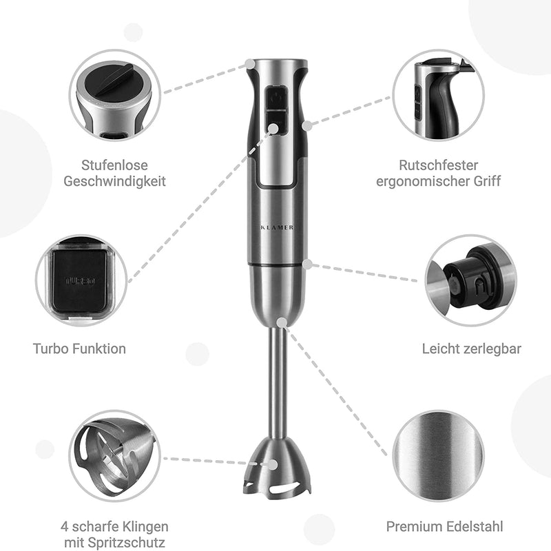 Stabmixerset 4-teilig 800 Watt mit ergonomischem Griff, Turbo Funktion und 4 scharfen Klingen.