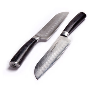 Santoku Damastmesser, elegantes Küchenmesser aus 67-lagigem Damaszener Stahl, ideal für Fleisch, Fisch, Obst und Gemüse.
