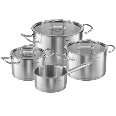 Edelstahl Topfset 4-teilig, modernes Kochgeschirr aus rostfreiem Edelstahl für verschiedene Herdarten.