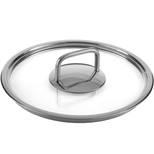 Edelstahl Topfset 4-teilig - runder Topfdeckel mit Glas und Edelstahlgriff, ideal für verschiedene Kochmethoden.