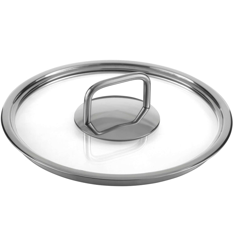 Edelstahl Topfset 4-teilig - runder Topfdeckel mit Glas und Edelstahlgriff, ideal für verschiedene Kochmethoden.
