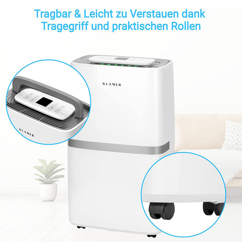Luftentfeuchter 20/25L mit Traggriff und praktischen Rollen für einfache Handhabung und Mobilität.